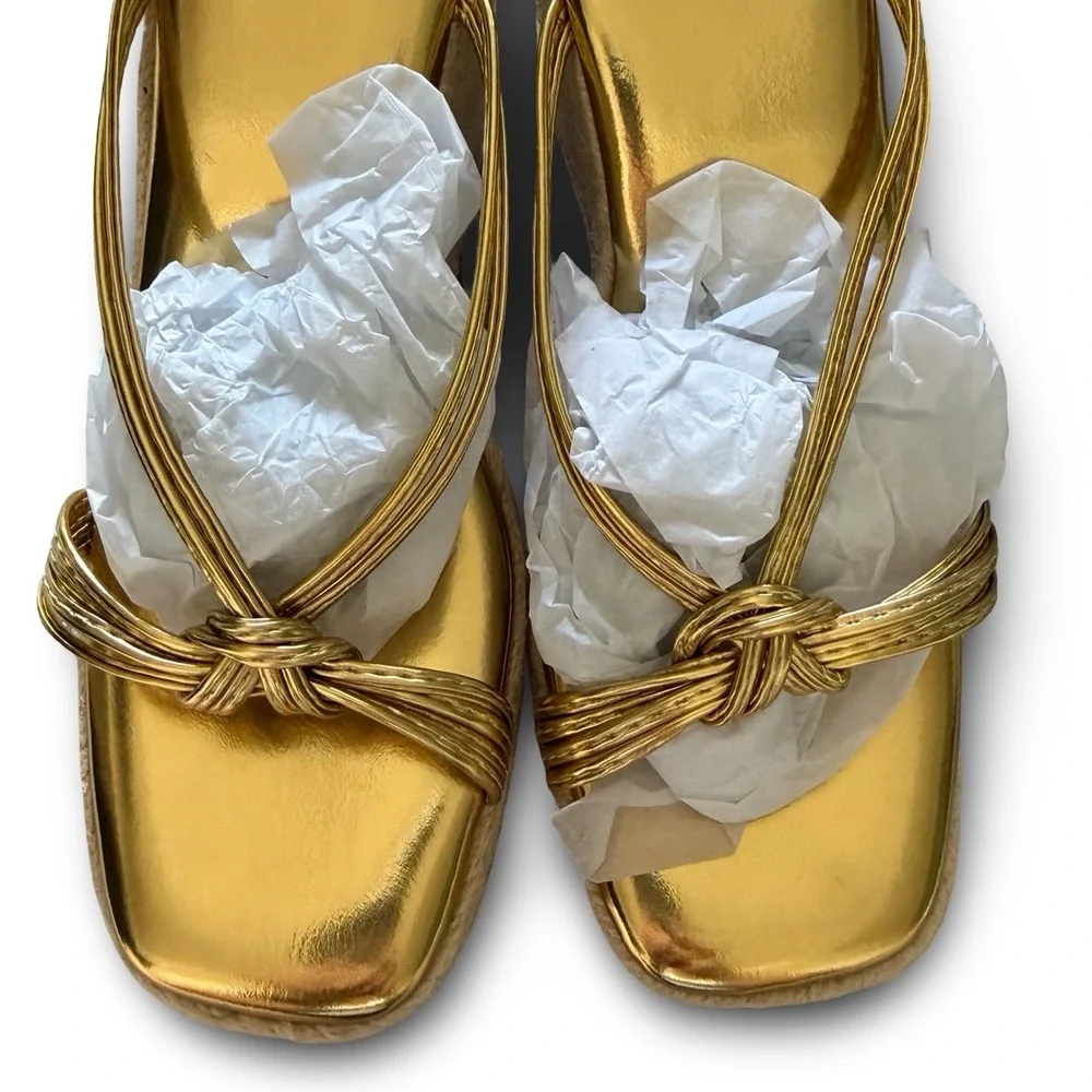Gold Metallic Wedge Espadrille Platform Sandals Knotted Straps Square Toe Sz 6